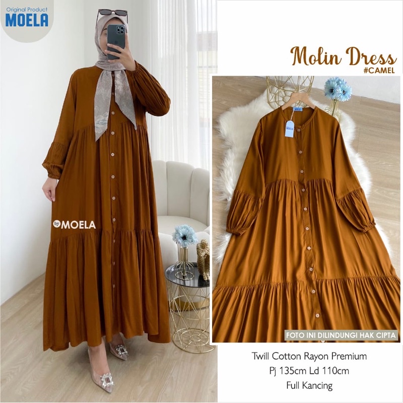 Gamis dress rayon polos Amora/Anse/Celin/Baisa/Biumi/Molin/Ciaji/Jihas/Flate/Tosti/Milly/Tisa/Siuti/Chesa/Fimel/Yapi/Lilci/Balo/Polse/Rensi/Silom/Neta/Rome by Moela berlabel-Molin camel