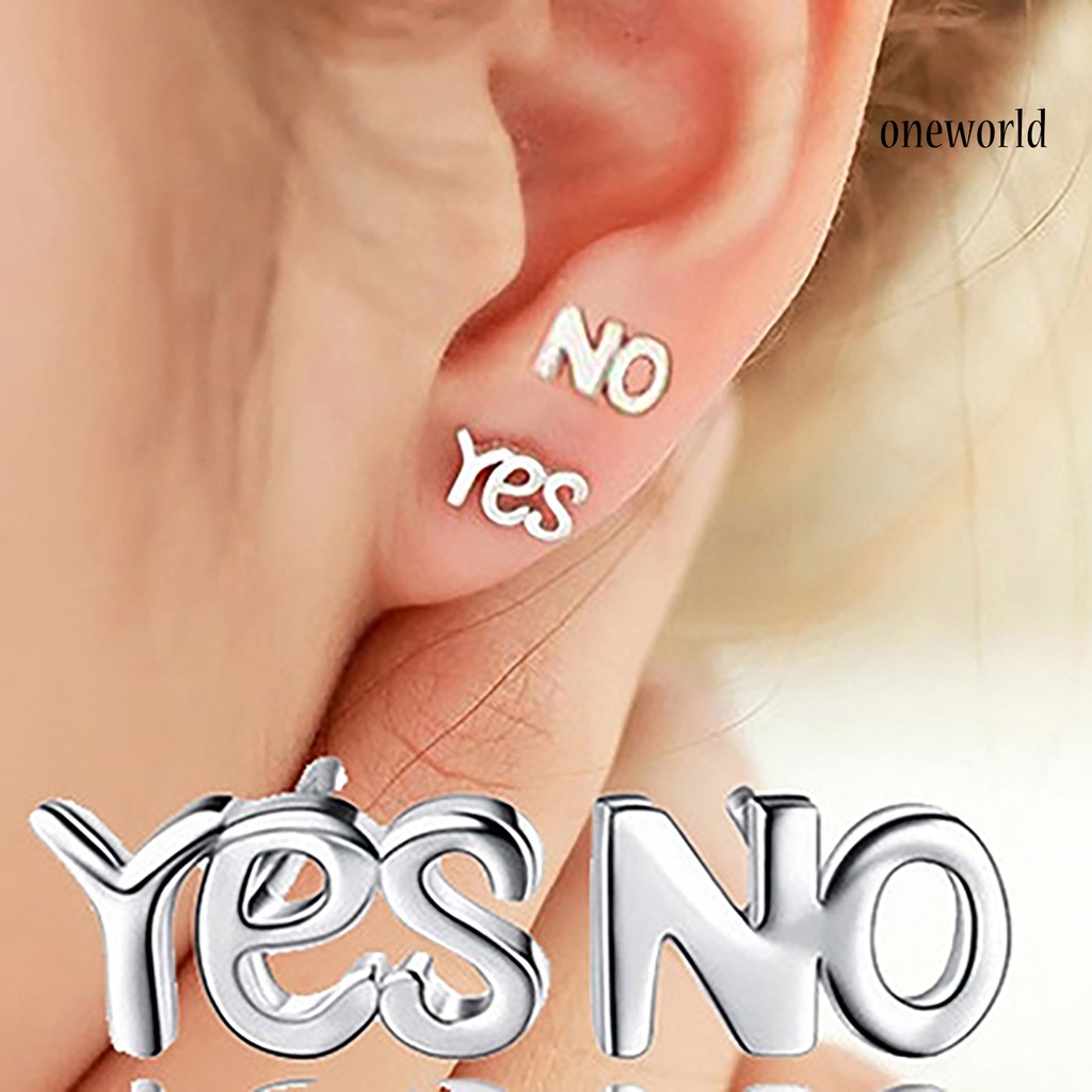 OW@ 1Pair Earrings Fashion 925 Sterling Silver YES NO Korean Style Ear Stud for Party