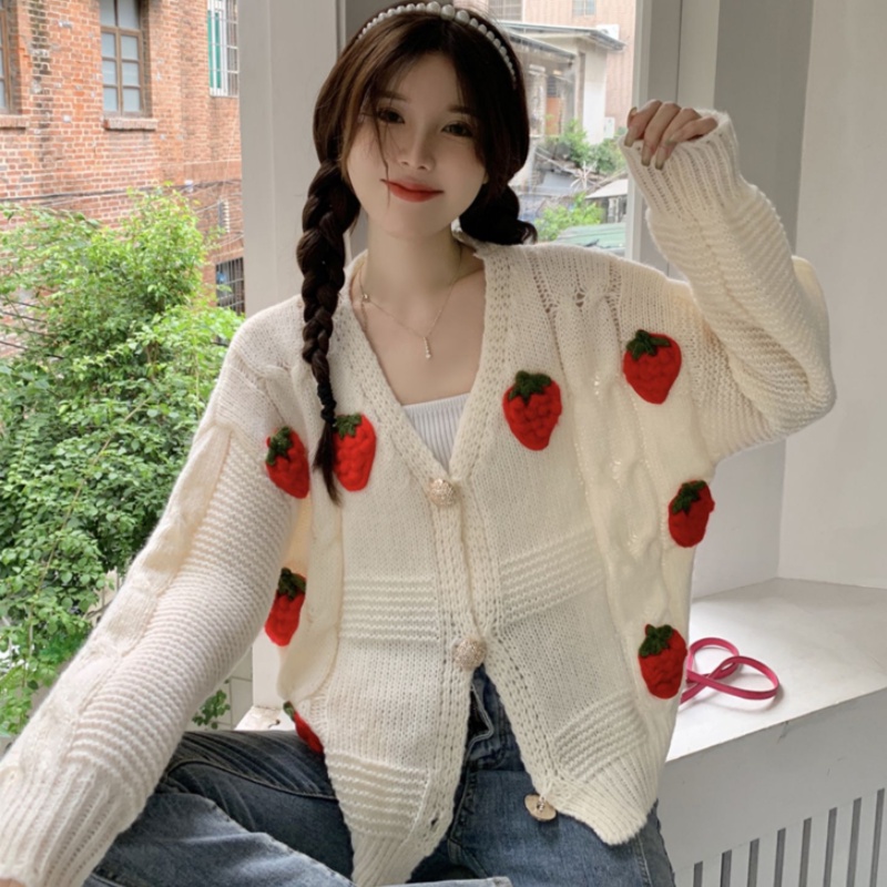 yikoo-Kardigan rajut longgar stroberi berdiri cardigan korea coat wanita