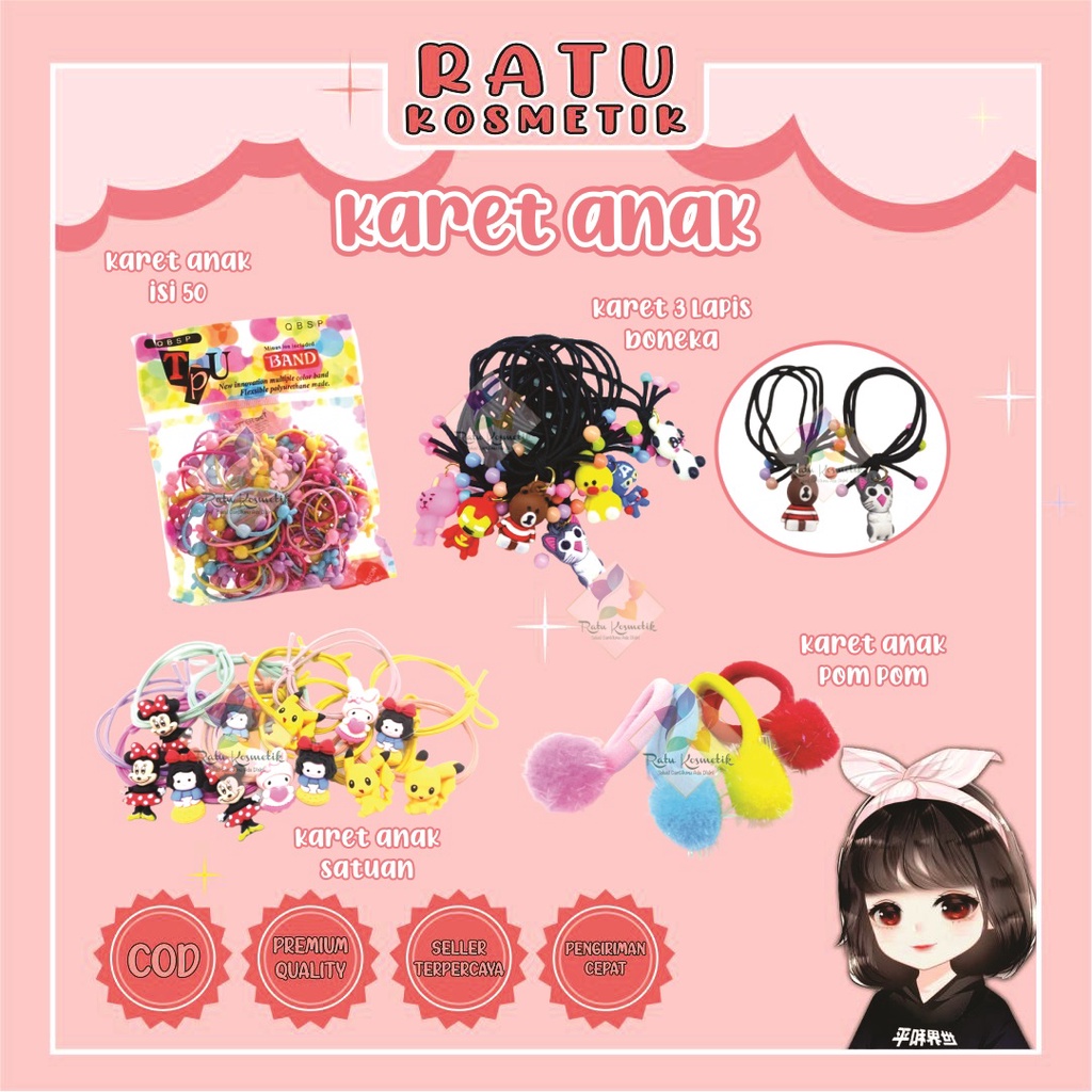 ❤ RATU ❤ Ikat Rambut Anak | Karet Mix | Kunciran Warna Warni Murah isi 50 pcs 4 Pompom Karakter