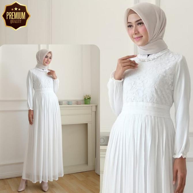 BAJU GAMIS WANITA TERBARU GAMIS SYAR'I BRUKAT PUTIH BUSANA HAJI UMROH