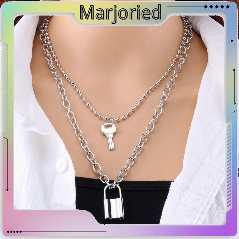 Kalung Rantai 2 Layer Liontin Gembok Hati Retro Simple Kreatif Untuk Wanita-MJD