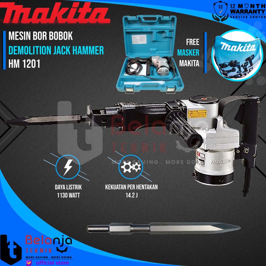 Makita Mesin Bor Bobok Beton HM 1201 Demolition Hammer 1130 Watt HM1201 Jack Hammer