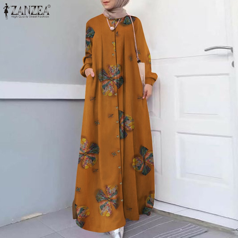 ZANZEA Women Printed Button Down Front Side Pockets Muslim Long Dress