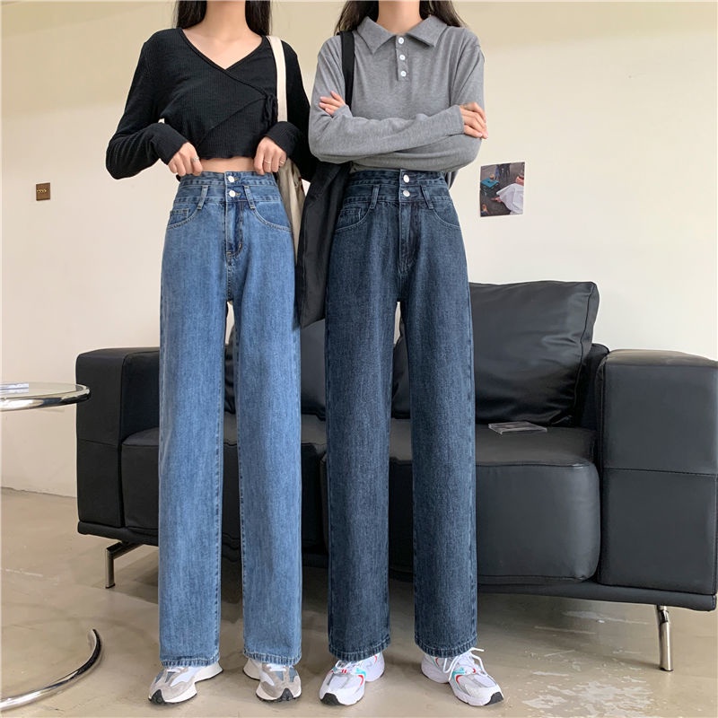 ✅COD JEANS HIGHWAIST PANTS  DENIM BLACK/BLUE/BLUE-BLACK LOOSE KOREA （Two Buttons）