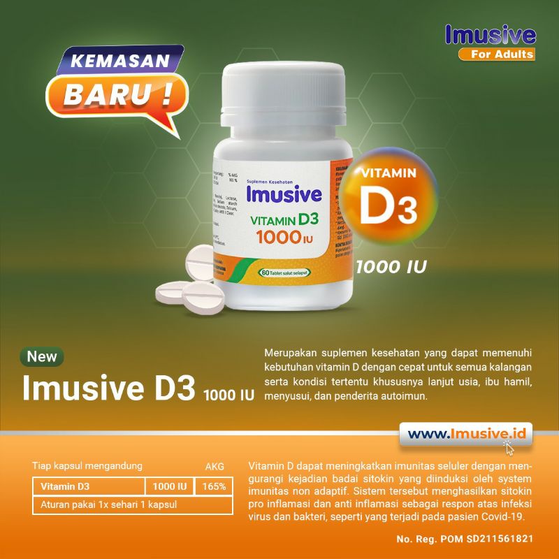 Imusive Vitamin D3 1000IU - 60 tablet -  Vitamin D3 /Vitamin Tulang Otot Sendi/Kalsium