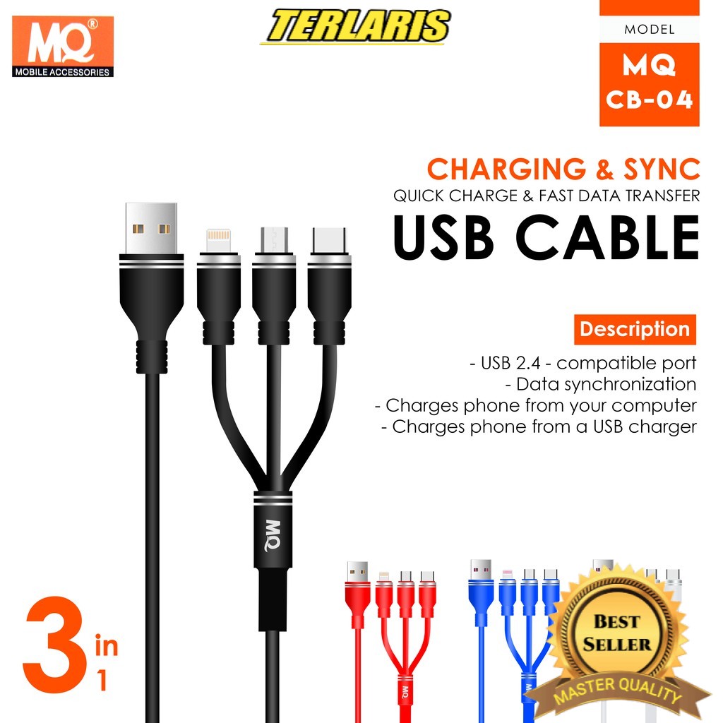 SB CB04 Kabel Data USB Cable 3in1 Fast Charger Micro USB Type C Lightning