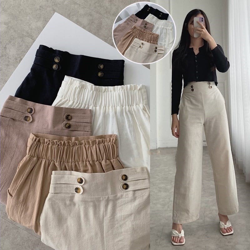 Celana Kulot Linen Angel Premium Highwaist Variasi Double Button Size M L XL XXL BB 40-75kg Linen Cullote Double Button Terbaru