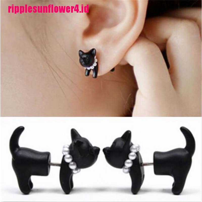 1pc Anting Tusuk Motif Kucing Hitam Aksen Mutiara Imitasi Ala Punk Untuk Unisex / Pria / Wanita