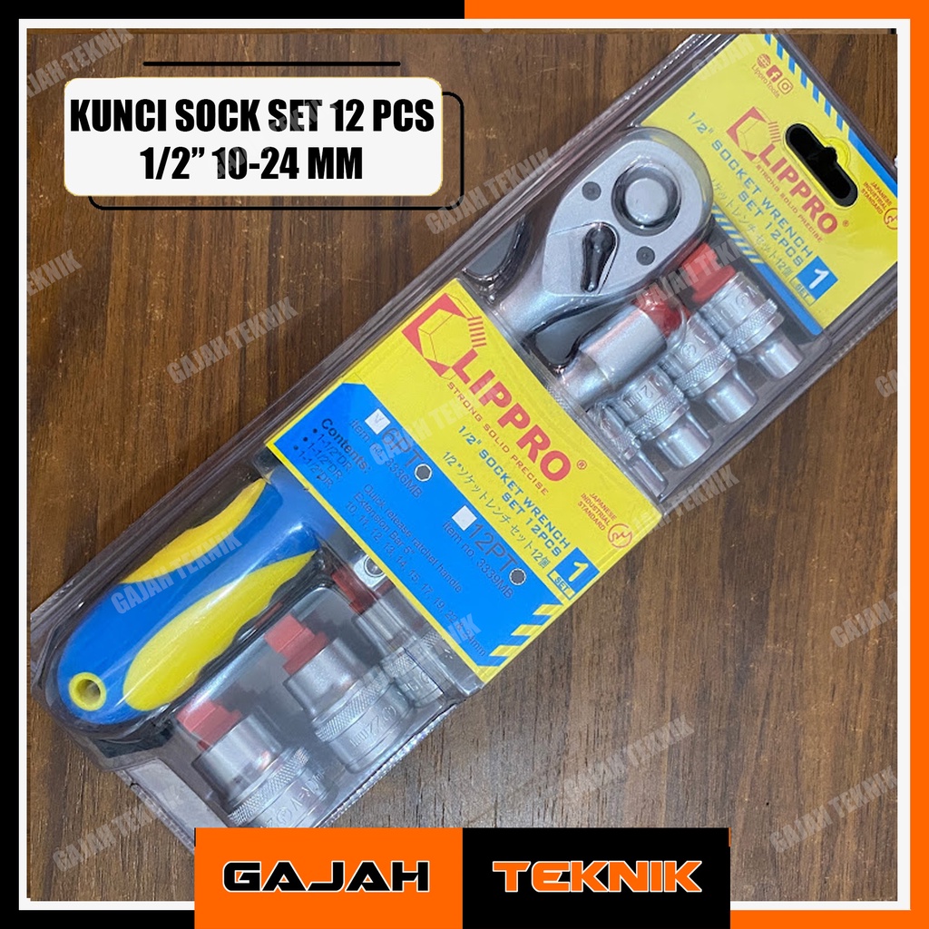 Lippro Socket Kunci Sock Set 12 pcs 1/2" dr 6PT 12PT 10-24mm + Rachet