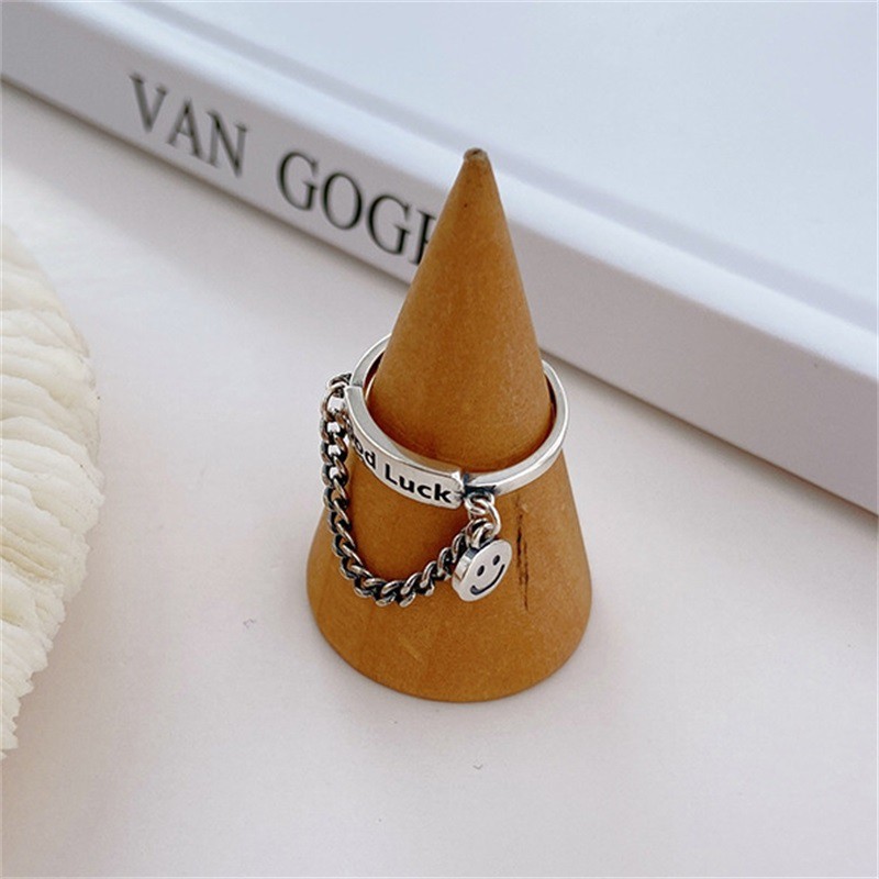 Cincin Rantai Model Terbuka Desain Smiley Face Bahan s925 Silver Gaya Thailand
