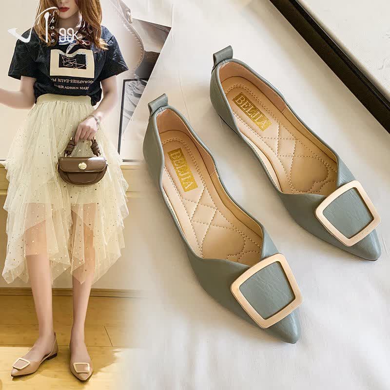 Sepatu Wanita Kekinian Flat Point Toe Shallow Mouth Ballerina Leather Shoes/ Flatshoes Wanita 5191 (36-40)-Green