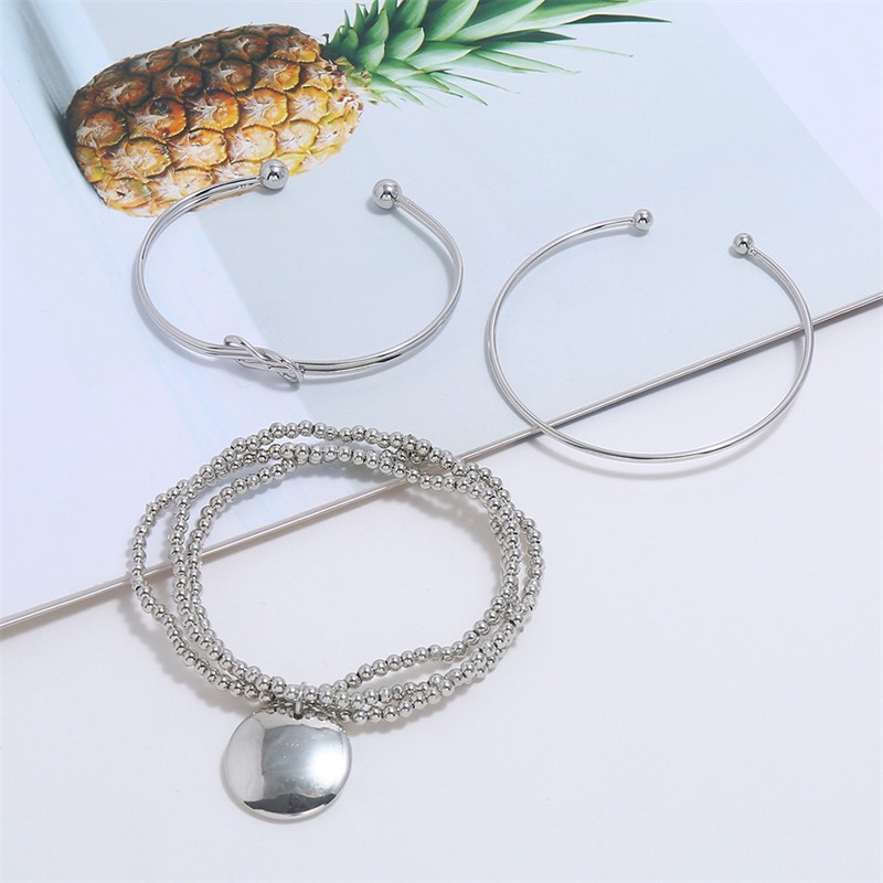 3pcs / Set Gelang Rantai Manik-Manik Multilayer Warna Silver Untuk Wanita