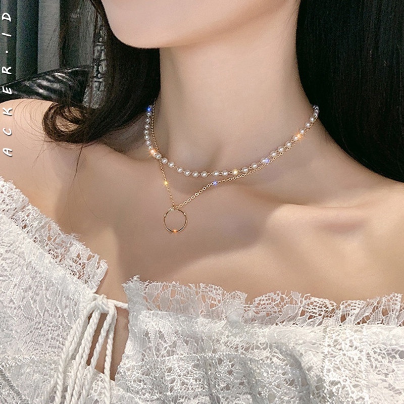 Set Kalung Choker Rantai Mutiara Imitasi Multilayer Untuk Wanita