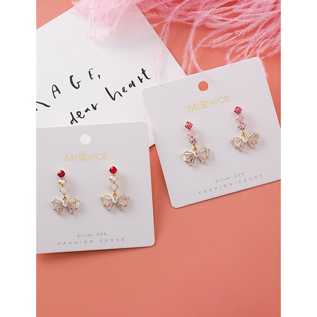 LRC Anting Tusuk Fashion 925 Silver Needle Three Small Round Crystal Tandem Rhinestone Bow Earring D