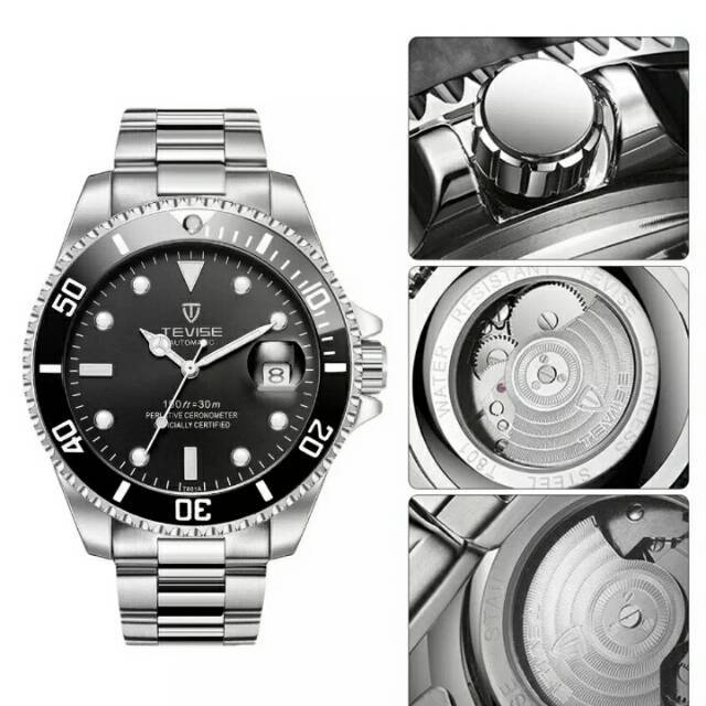 Jam Tangan Pria Mekanik Automatic Tevise Submariner Silver Black