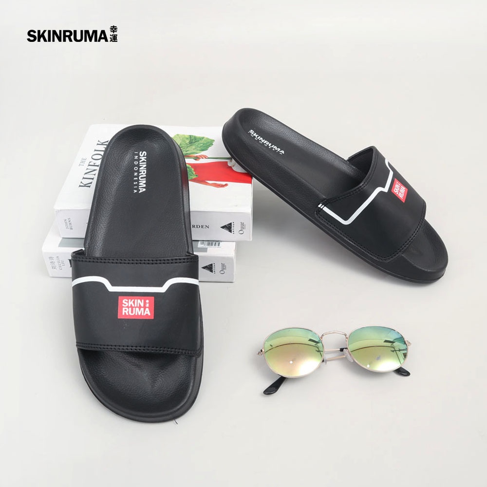 Sendal Selop Casual Pria SKINRUMA Rogo Rain Hitam Merah / Sendal Slide Pria / Sendal Slip On Pria