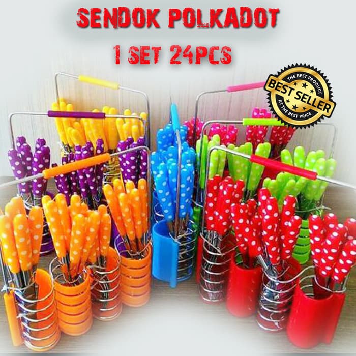 Sendok Set Polkadot Isi 24 Motif Warna Tempat Plastik Sendok dan garpu Makan Set