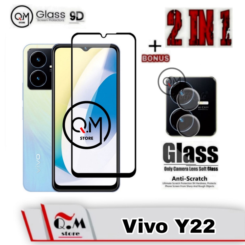 Paket 2 in1 Tempered Glass Layar Vivo Y22 New 2022 Anti Gores  Screen Guard Free Camera