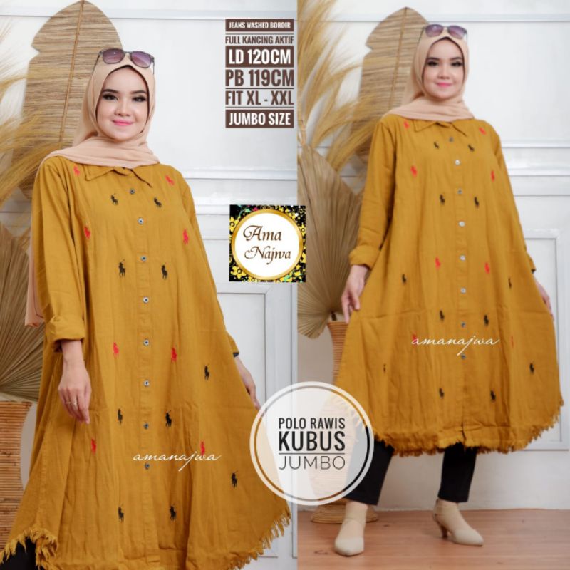 Polo Rawis Kubus Tunik Jeans Yellow Mustard Kuning Ld 120 Jumbo Fit XXL Busui Kancing By AMJ