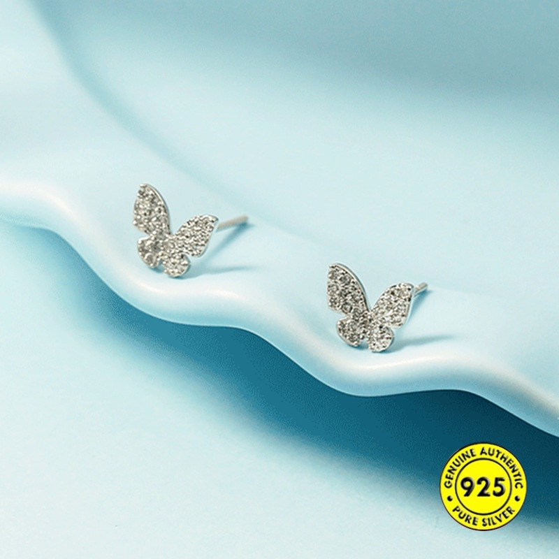 Anting Tusuk Sterling Silver 925 Desain Kupu-Kupu Hias Berlian Imitasi Untuk Wanita