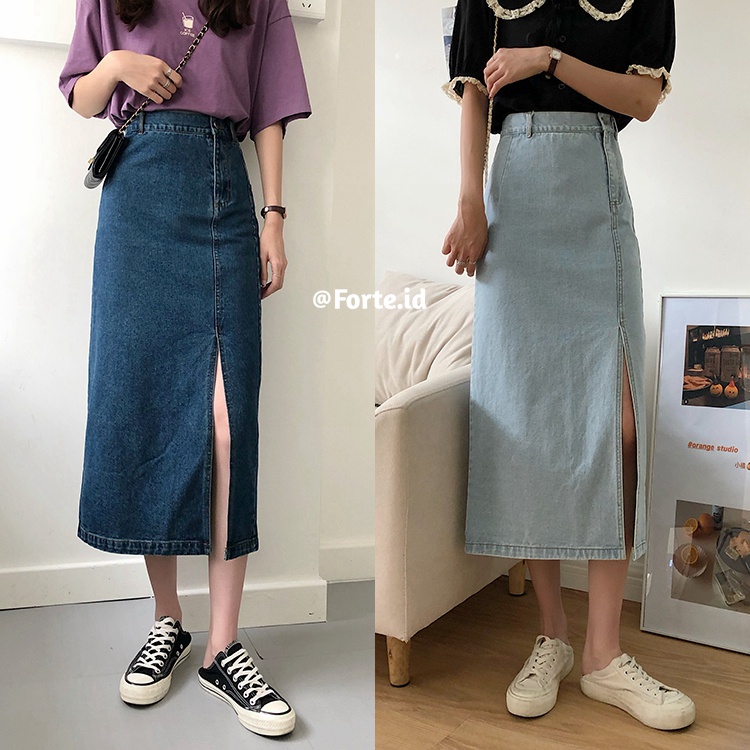 Rok Denim Panjang Wanita Korean Style Slit A-line Skirt Midi