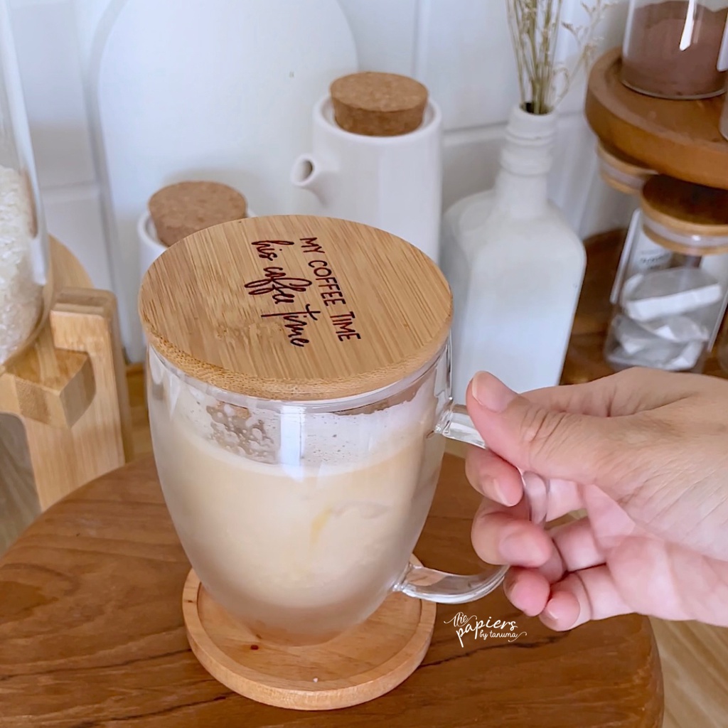 Double Wall Glass Aesthetic/ Gelas Estetik/ Gelas Tutup Bambu/ Bamboo Glass/ Gelas Kopi/ Gelas Kaca 