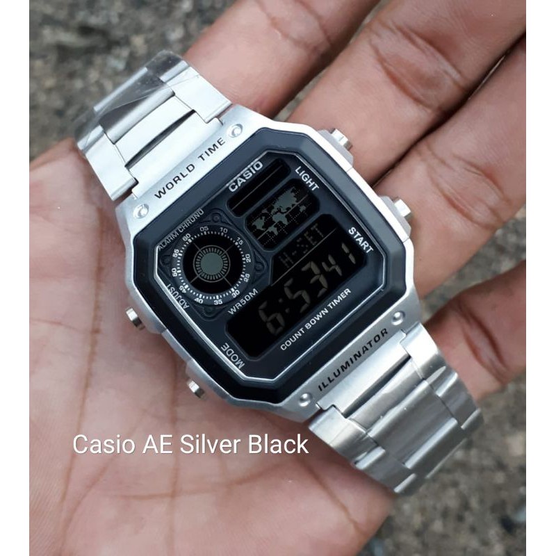 READY  casio AE illuminator digital full stainless terbaru world time water resistant include box ex