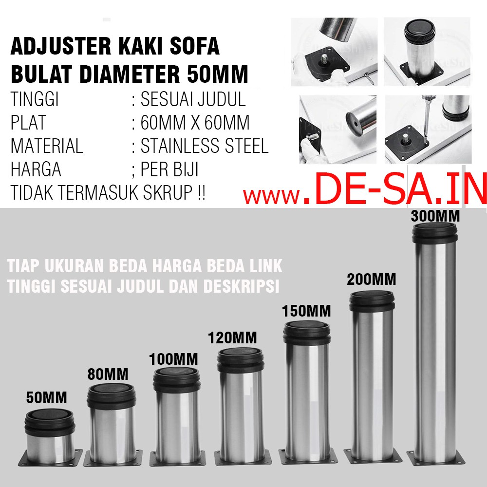 5 CM Kaki Meja Sofa 50MM - Silinder Bundar 50MM High Quality Adjustable Stainless Steel Table Leg (Tinggi 5CM = 50 MM)