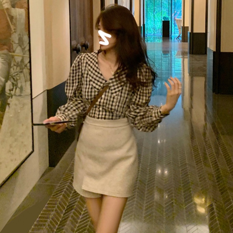 #Sisjuly# Wanita Retro Kemeja Kotak-kotak Wanita Lengan Panjang Lentera Lengan Kemeja Desain Rasa Po