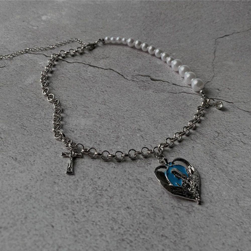 Mxbeauty Cinta Hati Mutiara Choker Hip Pop Goth Klavikula Rantai Splicing Fashion Perhiasan Gaya Korea Kalung