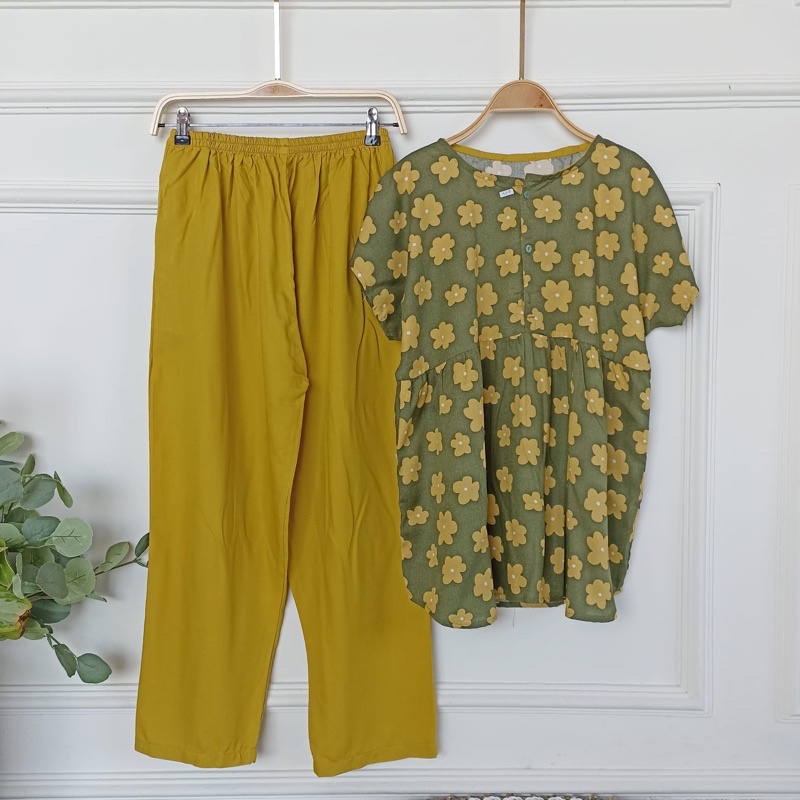 SETELAN BAJU TIDUR PIYAMA WANITA ONE SET PAJAMAS RUFFLE KANCING BUSUI CELANA PANJANG-BBR 13