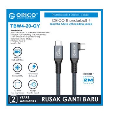 Type-c thunderbolt 4 3 to usb-c 2m cable orico charge data sync 40Gbps 8k 4k 60hz pd 100w usb 4.0 L-shape tbw4-20