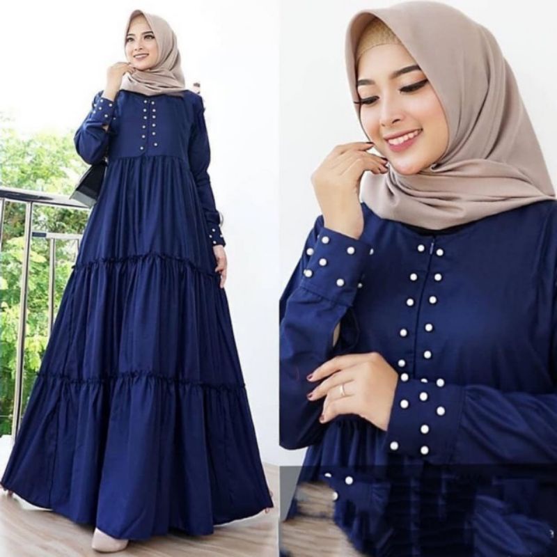 Gamis Baju Dress Kondangan Busui Mutiara Renda Rempel Susun Wanita Muslim MARIAM Warna Polos BIRU NA