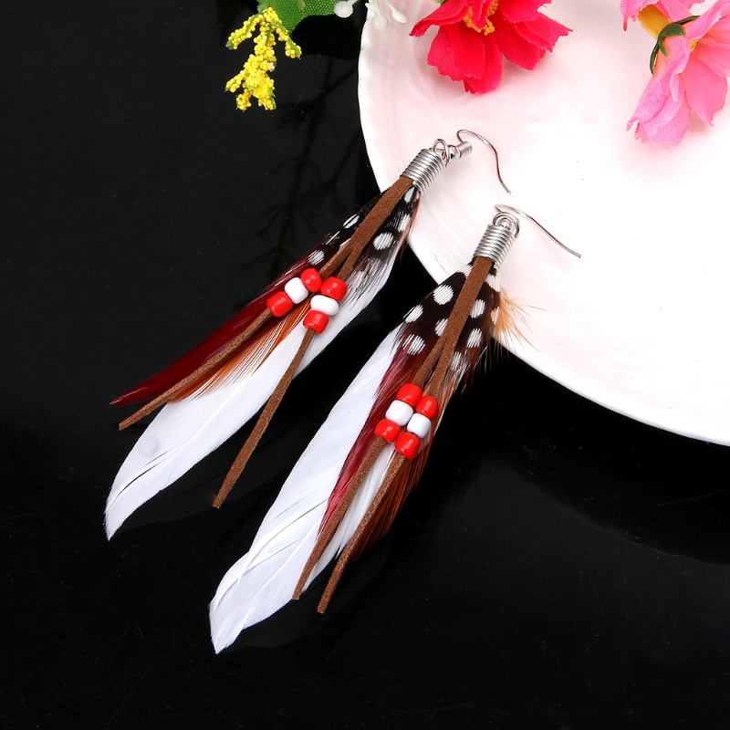 SIY  1 Pair Bohemia Handmade Natural Goose Feather Beads Tassel Dangle Earrings Women