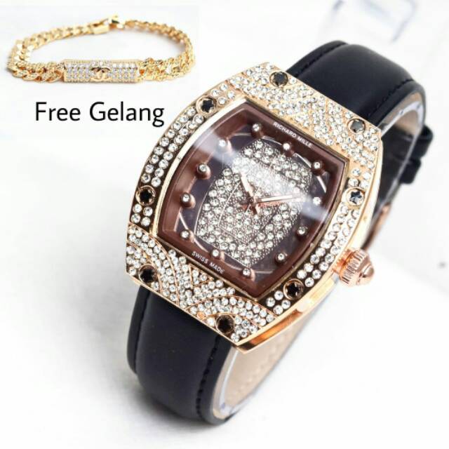 Jam tangan wanita RM kulit diamond Free gelang reseller 115rb 4cm