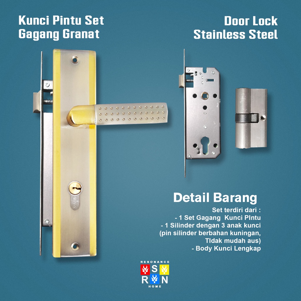 Kunci Pintu Besar Gagang Granat GOLD / Silinder Full Set Resonance Home