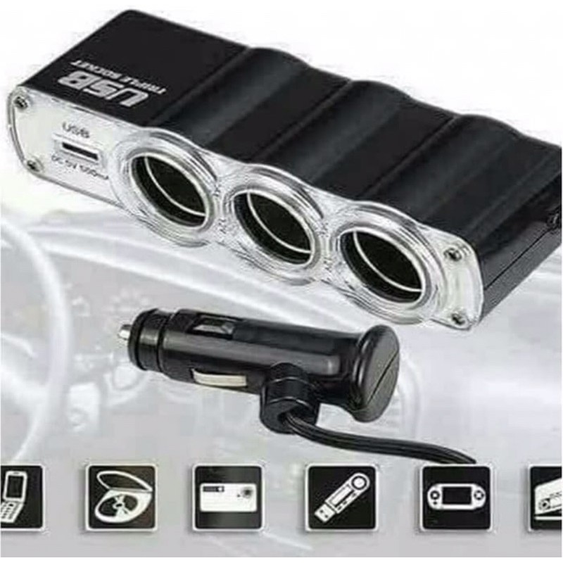 Charger splitter mobil 3 soket lighter plus usb port - Lighter Cabang