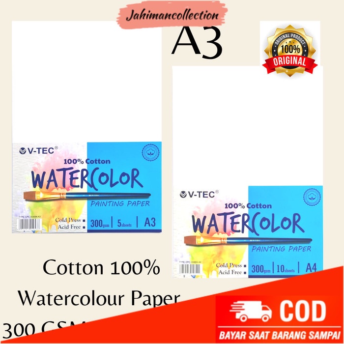 

✨ BISA COD ✨ V-TEC 100 % Cotton Watercolour Paper A3 300 Gsm - Lembaran