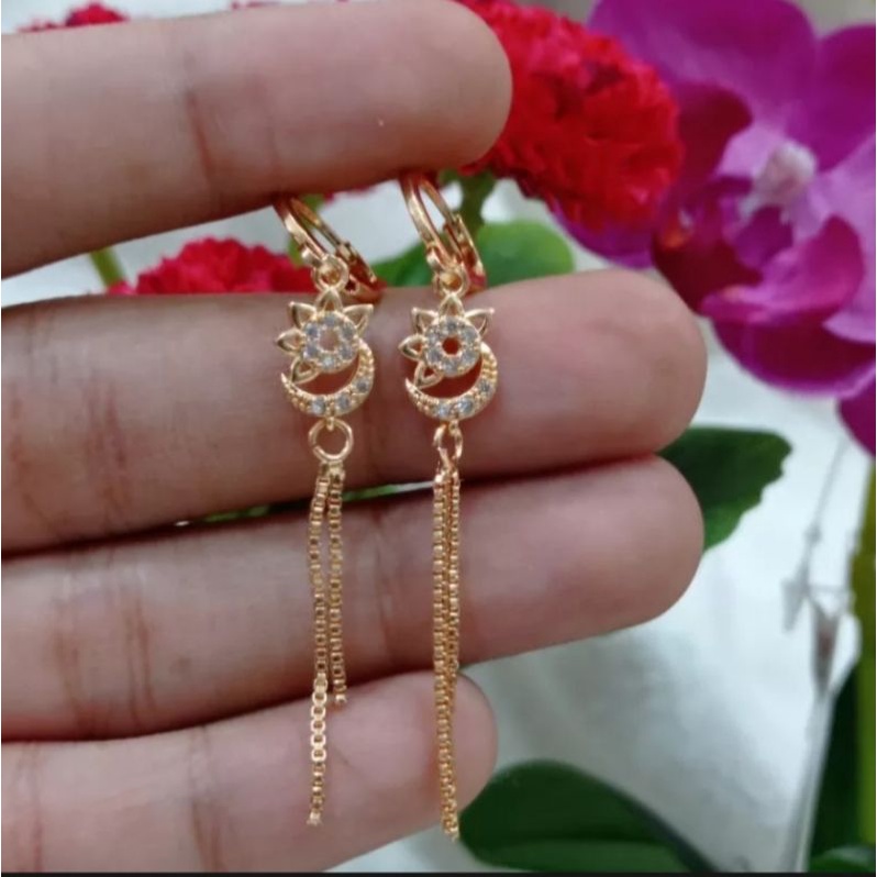 Anting rumbai motif bulan bintang gold titanium asli