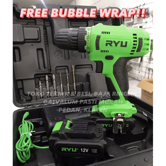 Bor Cordless RYU RCD12V Bor Cas Batrai RCD 12V / Bor cas batre RYU TEKIRO 12 volt Bor Kayu dan Besi 