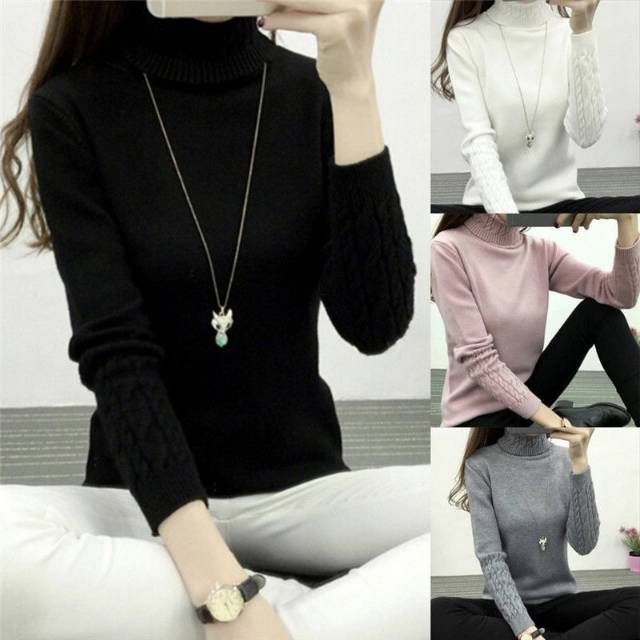 Turtleneck Slim Knitted Sweater Winter Import Baju Rajut Tangan Panjang Musim Dingin