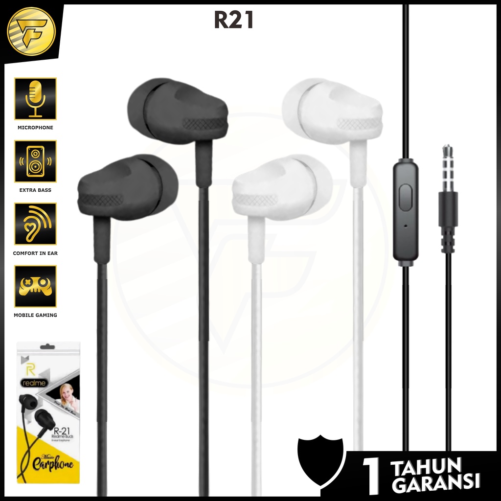 Earphone Realme 21 stereo bass music telfon headset mic