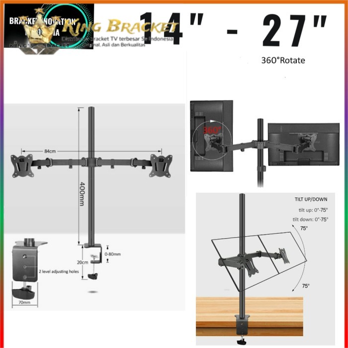 Bracket dual monitor jepit meja 15 17 19 20 22 24 27 inch Adjustable