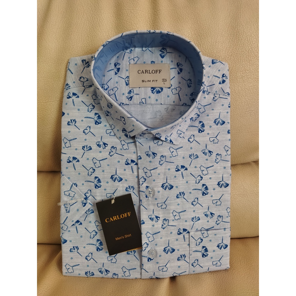 CARLOFF Pakaian Pria Hem Baju Kemeja Motif Biru Muda 3778
