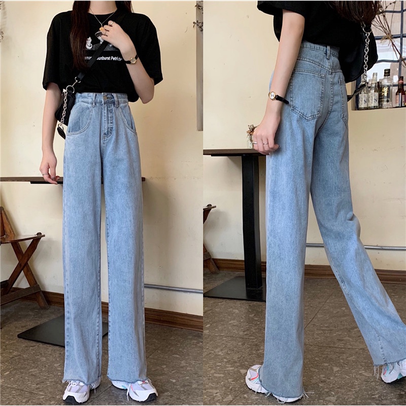 Impor korean new unfinished high waist straight leg jeans celana jeans panjang wanit