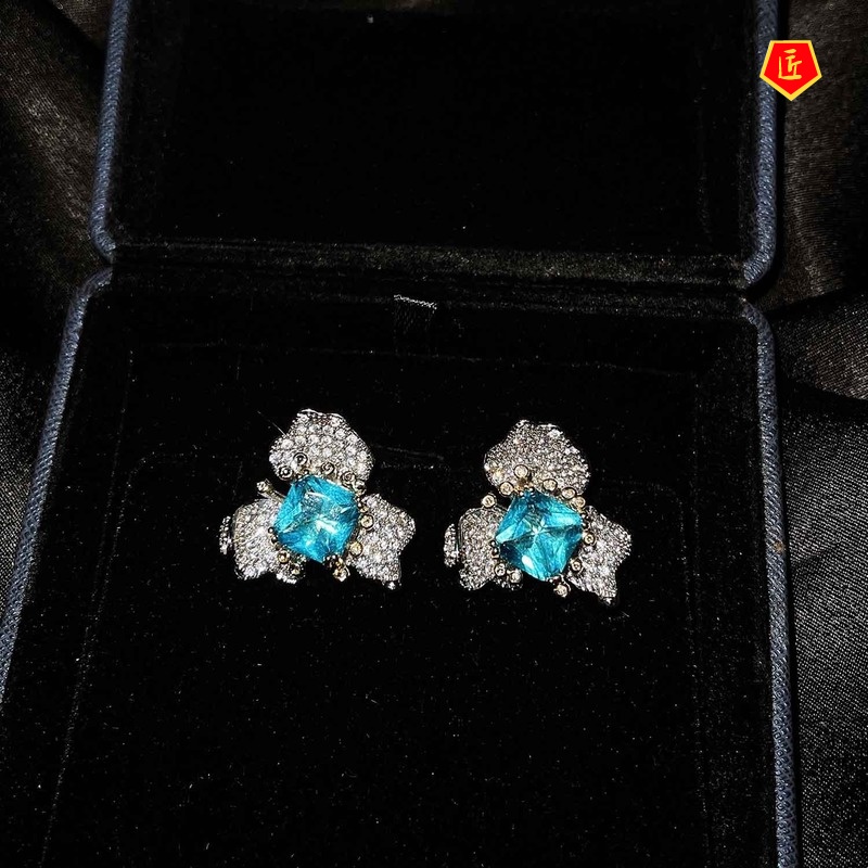 [Ready Stock]Jewelry Flower Stud Earrings Elegant Blue Topaz Ring Necklace Set