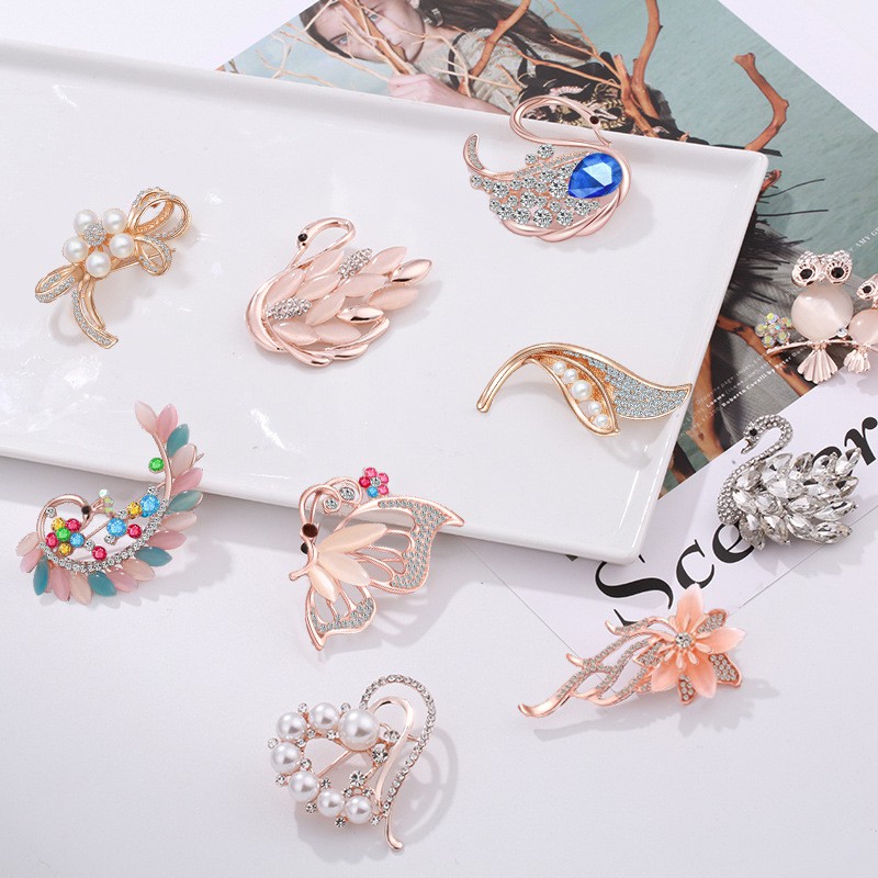 Hot Sale Korea Indah Bros Kristal Swan Bouquet Mutiara Cinta Bros High-end Opal Bunga Busur Bros Mode semua pertandingan Aksesoris-5