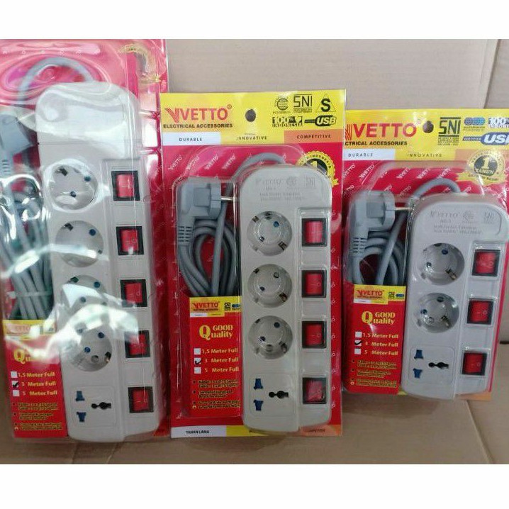 Stop Kontak VETTO Multi Socket 3 Meter dan 1.5 Meter (Varian 3, 4 dan 5 Lubang )