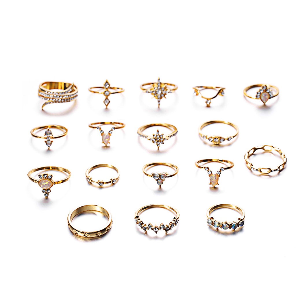 Hu Hu Hu Hu Hu Alat Bantu Pasang Kacamata♡ 17pcs Cincin Knuckle Bahan Alloy Desain Ukiran Hias Permata Imitasi Gaya Unikbohoetnik Untuk Wanita